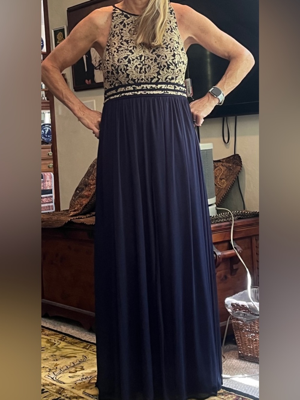 R&M Richards Navy and Gold Embroidered Halter Maxi Dress